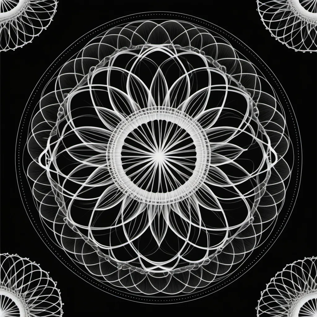 Prompt: A intricate design in the style of Spirograph. White on black background