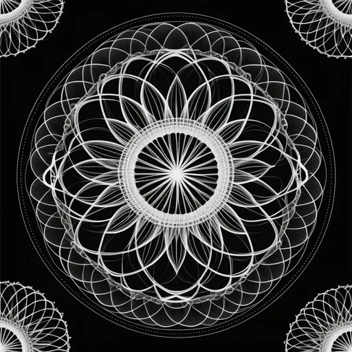 Prompt: A intricate design in the style of Spirograph. White on black background