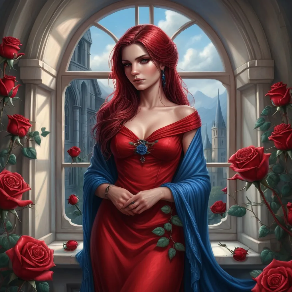 Prompt: a woman in a red dress standing in front of a window with roses around her and a blue shawl, Anne Stokes, fantasy art, highly detailed digital painting, a character portrait