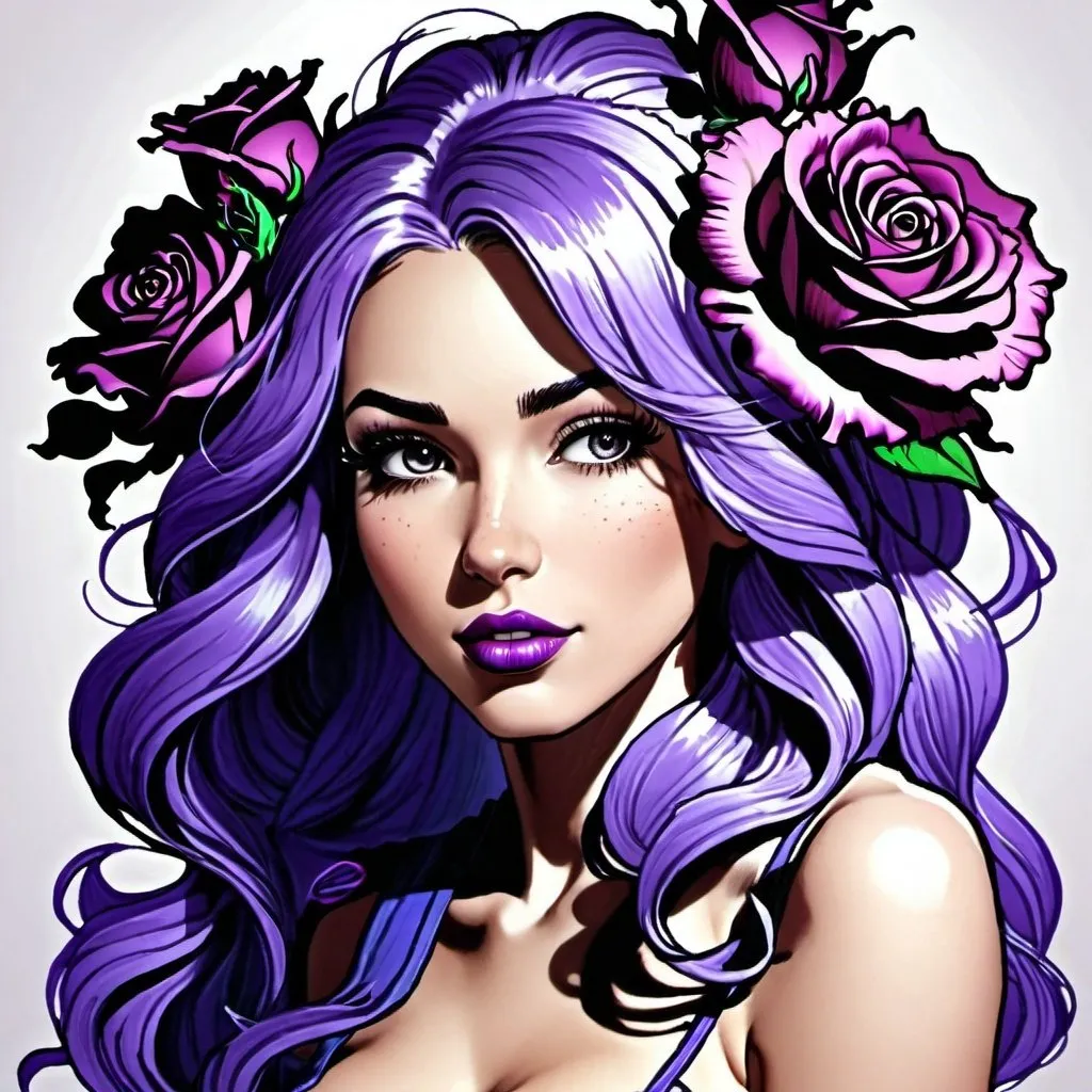 Prompt: Cosmic Epic Beauty, Beautiful and Gorgeous, purple roses in hair