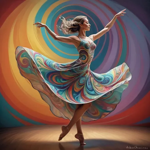 Prompt: a woman in a multicolored dress is dancing with a swirly background and a circular design behind her,, Fabien Charuau, arabesque, highly detailed digital painting, an airbrush painting