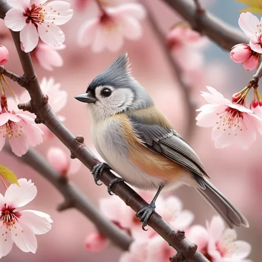 Prompt: A titmouse sitting on a cherry blossom branch, (soft pink cherry blossoms), vibrant and delicate color tones, bright daylight, calm and serene atmosphere, highly detailed and realistic, intricate feather details on titmouse, warm and inviting spring background, soft bokeh effect, subtle gentle breeze, ultra-detailed, 4K quality, photorealistic.