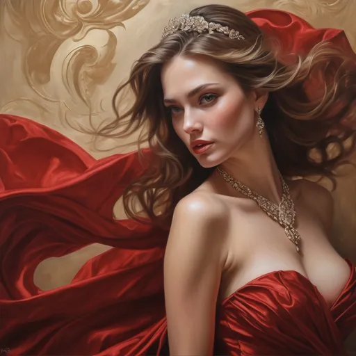 Prompt: <mymodel>Realistic oil painting of a powerful and elegant woman, flowing red gown, intricate jewelry, captivating gaze, detailed facial features, high quality, realistic, oil painting, elegant, flowing gown, powerful, captivating gaze, detailed facial features, intricate jewelry, professional lighting