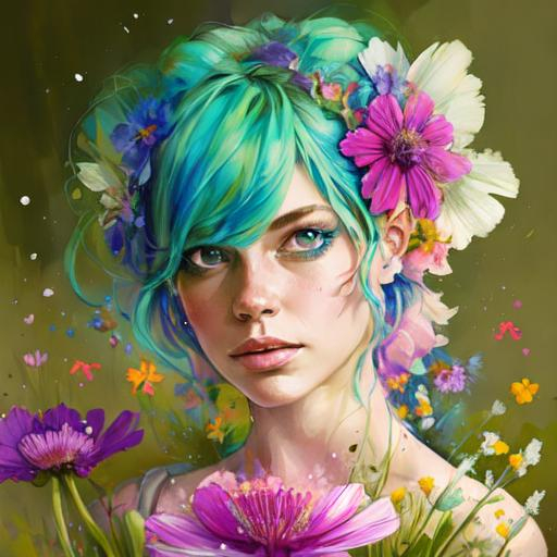 Prompt: a fairy of spring, ,wildflowers, vivid colors,  facial closeup