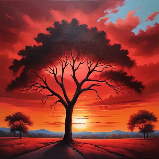 Prompt: Red sunset landscape, oil painting, vibrant colors, fine details, high-quality, realistic, warm tones, dramatic lighting, expansive horizon, silhouettes of trees, serene atmosphere