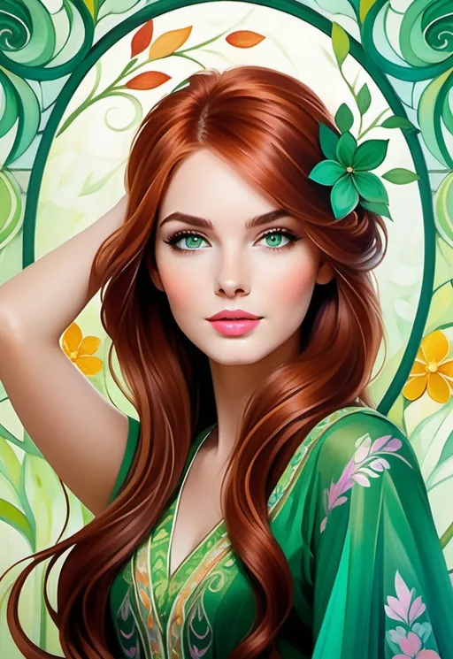 Prompt: Vibrant swirls of color surround a strikingly beautiful young woman with long, flowing auburn hair, cascading around her shoulders and framing her serene visage. Her captivating green eyes and soft pink lips exude a sense of calmness, while her attire, adorned with intricate patterns and a floral motif, blends harmoniously with the ornamental background. The scene feels almost ethereal, enhanced by the bold use of color that shifts between warm and cool tones, creating a dynamic yet soothing ambiance. The artist's style melds elements of art nouveau with a modern twist, emphasizing both the beauty of the subject and the intricate design of the surroundings. This artwork conveys a sense of tranquility and creativity, inviting the viewer to explore the enchanting interplay between the character and her vivid environment.