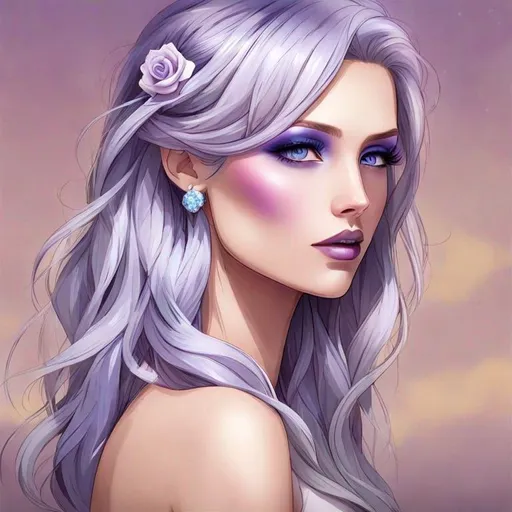 Prompt: A beautiful woman, white hair with pastel purple highlights, violet eyes, blue eyeshadow, pastel blue roses in her hair, blue jewels on forehead, cartoon style