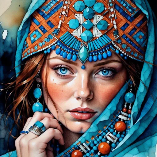 Prompt: <mymodel>Watercolor and pen sketch of a young woman in southwestern style, turquoise jewelry, flowing attire, intricate details, vibrant colors, high quality, southwest art, watercolor, pen sketch, detailed jewelry, flowing attire, vibrant colors, beautiful woman, high quality imagery, professional, atmospheric lighting