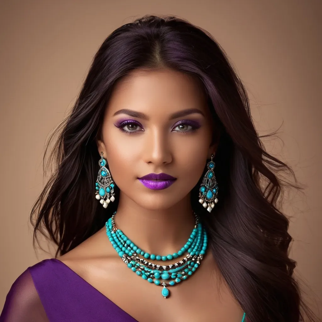 Prompt: a girl portayed in tones of purple. Wearing turquoise jewelry