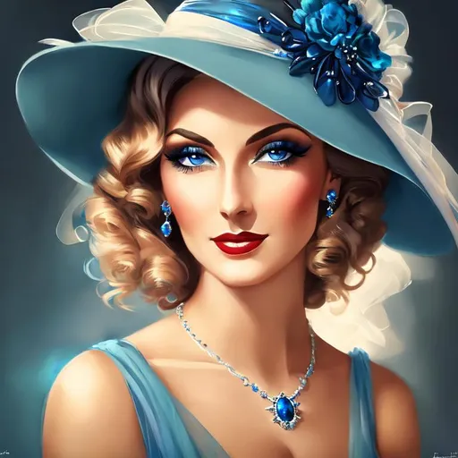 Prompt: Glamorously dressed lady of rhe 1930's wearing sapphire jewelry,blue eyes