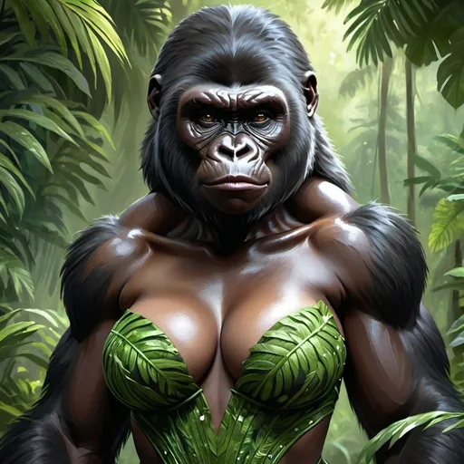 Prompt: Highly detailed digital painting of a female human/gorilla hybrid dressed in an evening gown, realistic fur texture, intense and piercing gaze, muscular and powerful physique, jungle setting with lush green foliage, highres, ultra-detailed, digital painting, realistic, intense gaze, muscular physique, jungle setting, lush foliage, hybrid creature, professional, atmospheric lighting