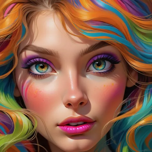 Prompt: Beautiful young woman, vibrant colors, high-quality, realistic painting, detailed facial features, flowing hair, elegant attire, colorful makeup, professional, lifelike, vibrant, detailed, realistic, painting, flowing hair, elegant attire, colorful makeup