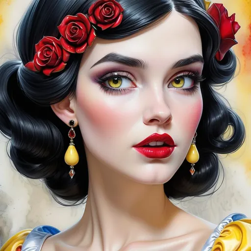 Prompt: <mymodel>Snow White.  beautiful woman, hair pinned up, yellow red black dress, earrings, Watercolor, trending on artstation, sharp focus,  by  Josephine Wall and Jasmine Becket-Griffith