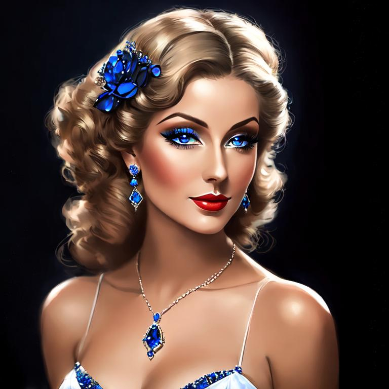 Prompt: Glamorously dressed lady of rhe 1930's wearing sapphire jewelry,blue eyes