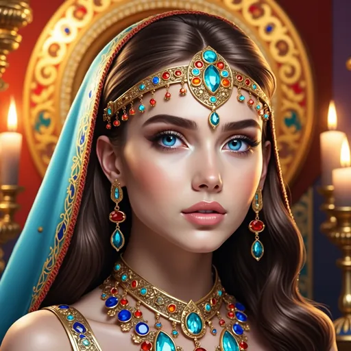 Prompt: Radiating elegance, a young woman with striking blue eyes and flawless skin captures attention, adorned in a rich ensemble of intricate jewelry that glimmers with vibrant gemstones in shades of blue, orange, and gold. Her flowing chestnut hair frames her face, complemented by a detailed headpiece that accentuates her regal appearance. Draped in a luxurious teal veil, she stands against a backdrop of opulent red and gold patterns, softly illuminated by flickering candles that enhance the warm ambiance of the scene. The meticulous detailing in her attire and the rich colors evoke a sense of timeless beauty, suggesting a narrative steeped in cultural grandeur and allure.