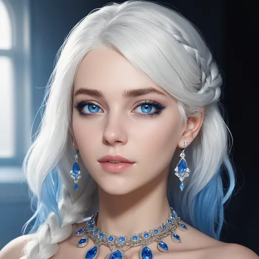 Prompt: A beautiful woman, white hair, blue eyes, blue eyeshadow, blue jewels o