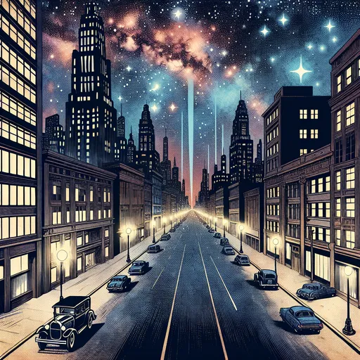 Prompt: a street with cars parked on both sides of it and a sky full of stars above it and buildings, Asaf Hanuka, space art, night sky, a comic book panel