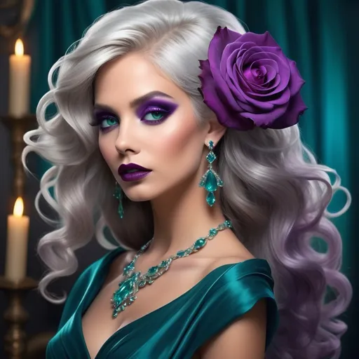 Prompt: With flowing silver hair cascading over her shoulders, the woman exudes an aura of elegance and mystery, accentuated by a striking deep purple rose nestled beside her ear. Her dramatic makeup features bold purple eyeshadow and rich plum lips, enhancing her captivating green eyes. Dressed in a luxurious teal gown that beautifully complements her jewelry—sparkling aqua-toned earrings and a matching necklace—she stands against a softly illuminated backdrop where flickering candlelight casts warm shadows. The overall composition conveys a mood of enchantment, blending opulence with a hint of theatricality, as if inviting the viewer into a world of fairy tales and elegance.