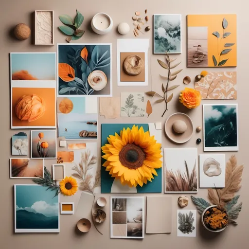 Prompt: Mood board concept, a captivating collage of vibrant images, textures, and colors, serene ambiance, soft lighting, showcasing elements of inspiration and creativity, arranging visual harmony, blending modern aesthetics with artistic flair, evoking feelings of peace and motivation, high quality, ultra-detailed, a visual storytelling masterpiece on a clean canvas, inviting exploration and imagination.