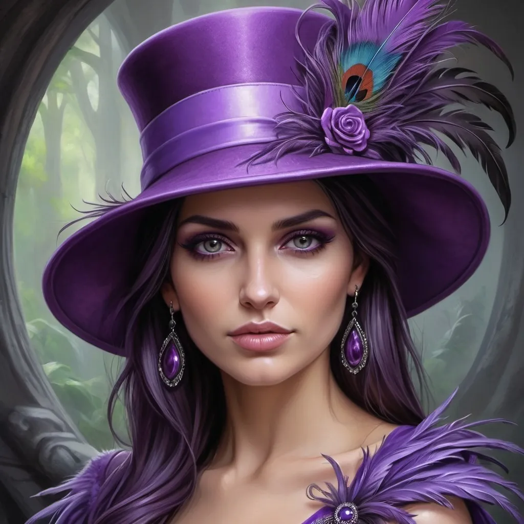 Prompt: <mymodel> a woman wearing a purple hat and purple dress with feathers on it and a purple dress with a purple sash, Anne Stokes, fantasy art, highly detailed digital painting, a detailed painting