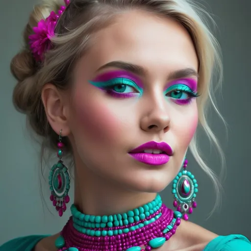 Prompt: A beautiful woman in colors of turquoise and magenta