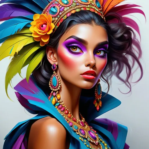 Prompt: digital painting, dramatic colourful makeup, high fashion, intense gaze, realistic portrayal, vibrant colors, detailed features, highres, professional, dramatic, realistic, digital painting, intense gaze, vibrant colors, detailed features, high fashion, glamorous lighting