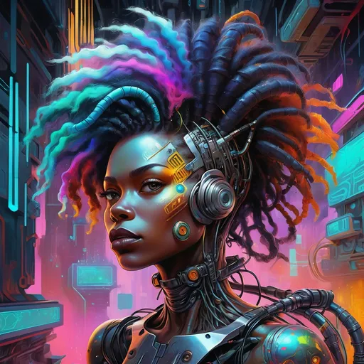 Prompt: a  cyborg woman with a weird hair and a colorful background is featured in this painting by artist marky k, Android Jones, afrofuturism, highly detailed digital painting, cyberpunk art