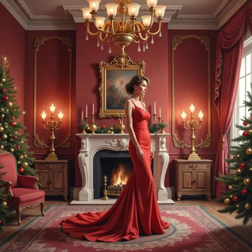 Prompt: An elegant woman in a red evening dress. She is in an opulent room decorated for Christmas