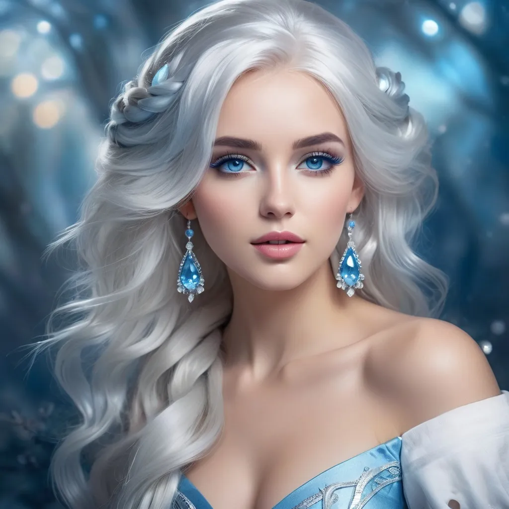 Prompt: <mymodel>High-res digital painting of a beautiful woman with snow white hair and pastel highlights, frosty blue eyes, blue eyeshadow, and blue jewels on her forehead, ethereal fantasy style, cool tones, soft and magical lighting, detailed facial features, professional, elegant, high quality