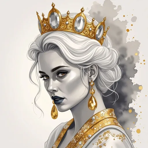 Prompt: This is a digital illustration in a highly detailed, semi-realistic comic style. The central subject is a regal woman with a fair complexion, portrayed from the shoulders up. Her hair is white, styled in an elegant updo adorned with a luxurious, gold crown embellished with large, oval-shaped gems. Her eyes are striking, with golden irises and long, black lashes, giving her an intense, captivating gaze. She wears golden, dangling earrings that match the crown, each featuring a prominent, oval-shaped gem. Her lips are dark, full, and slightly parted, adding to her regal appearance.

She is dressed in an ornate, gold-embellished garment, visible on her right shoulder, which is covered in intricate, sparkling patterns. The background is a simple gradient from light gray to dark gray, which helps to highlight the subject. The illustration uses a monochromatic color scheme, with the exception of the gold accents, which are rendered in a bright, metallic hue. The lines are clean and precise, with a slight black outline that adds depth and definition to the character. The overall effect is one of opulence and elegance, emphasizing the subject's royal status and beauty.
