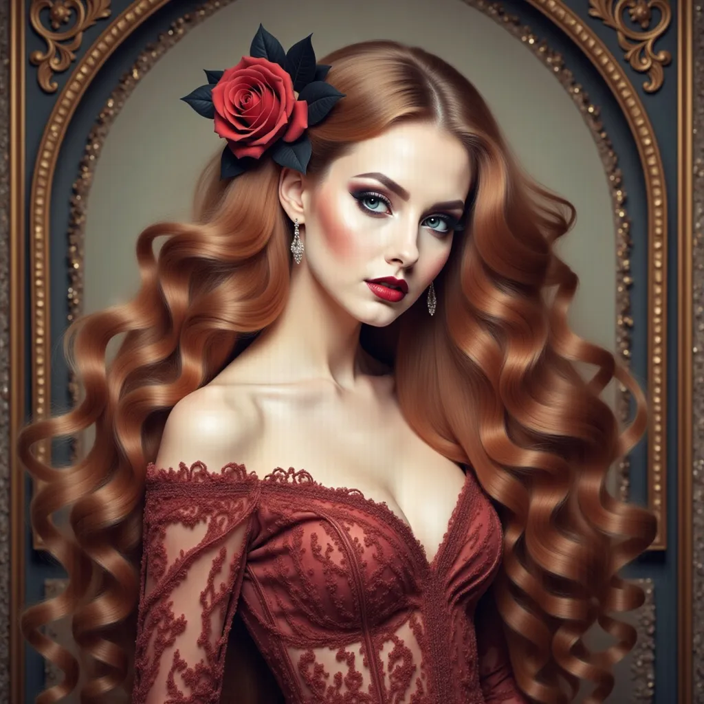 Prompt:  a woman with long red hair and a black rose in her hair, Anna Dittmann, gothic art, pre - raphaelite, an oil painting