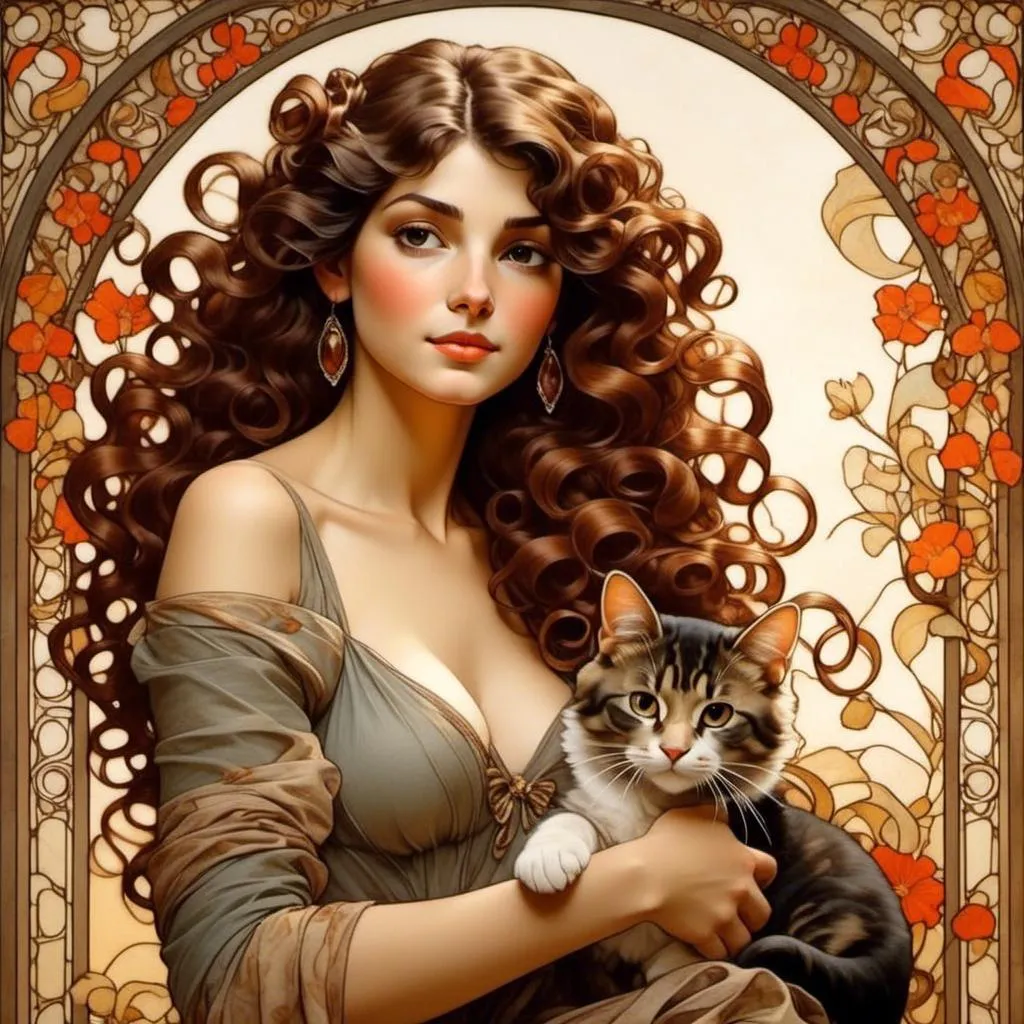 Prompt: <mymodel> illustration of a beautiful woman holding her beloved pet cat