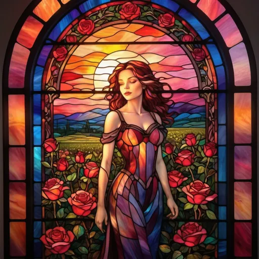 Prompt: beautiful huge stained glass window of a sunrise over a field of roses, vibrant glowing colors, uplight, glowing edges
