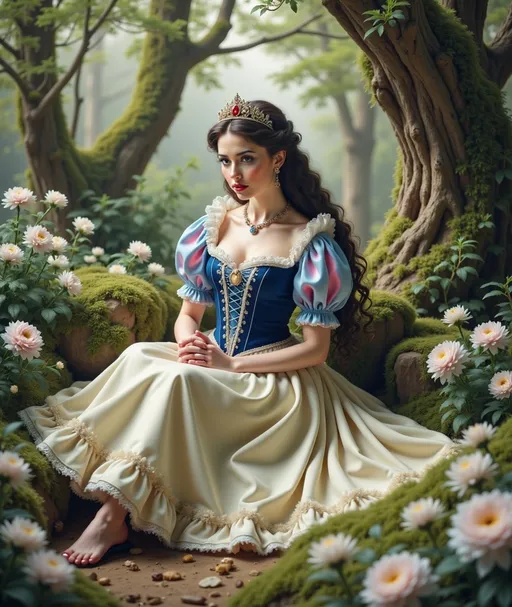 Prompt: Snow White, enchanting forest, ethereal beauty, snowflakes gently falling, muted colors, soft pastel tones, dreamy ambiance, mysterious yet inviting atmosphere, delicate flowers blooming, intricate details of her iconic dress, traditional porcelain skin, serene expression, high quality 4K resolution, ultra-detailed background elements, whimsical nature surroundings, magical fairy tale setting.