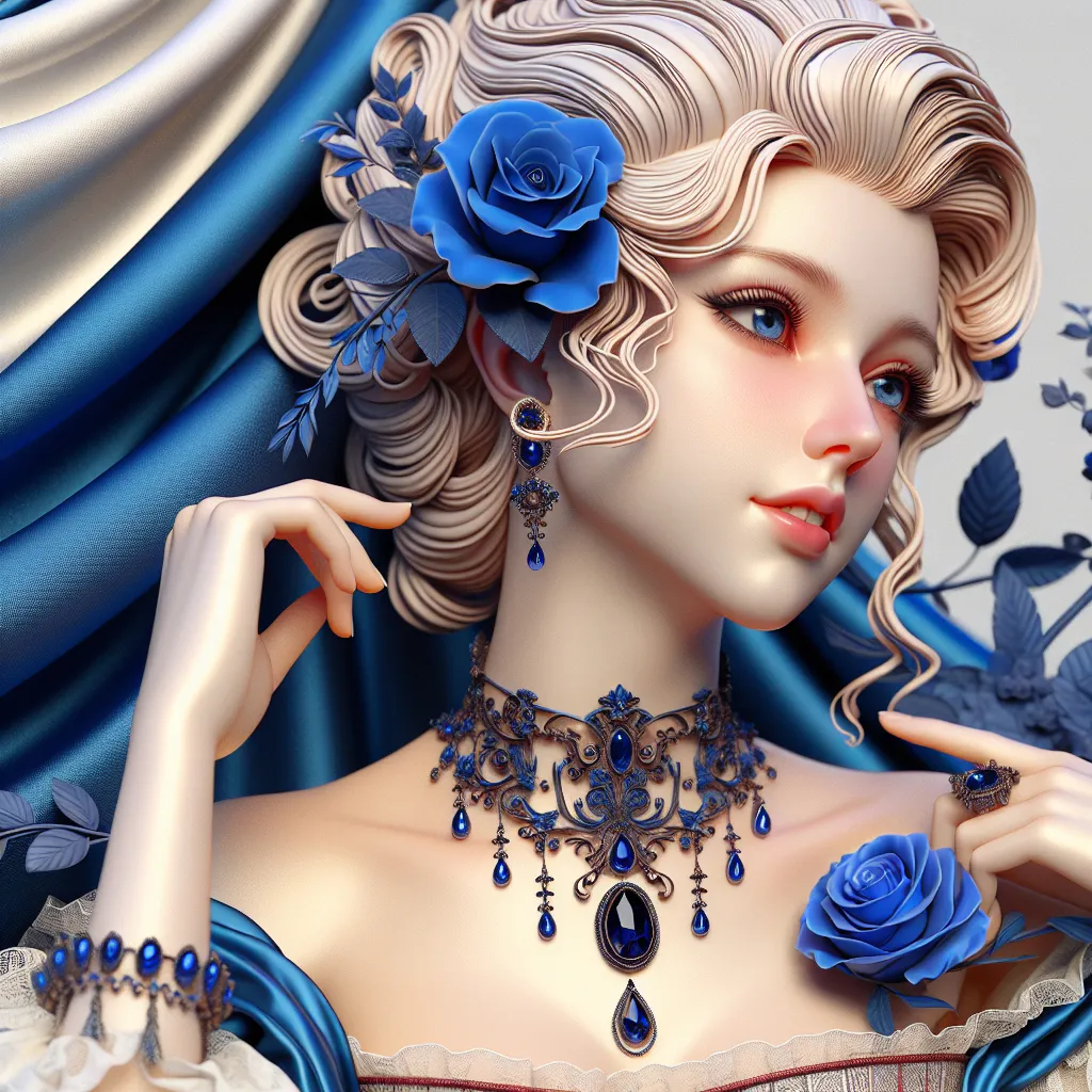 Prompt: a woman with a flower in her hair and a sapphire necklace with a blue rose in her hair, Cedric Peyravernay, rococo, cgstudio, a 3D render