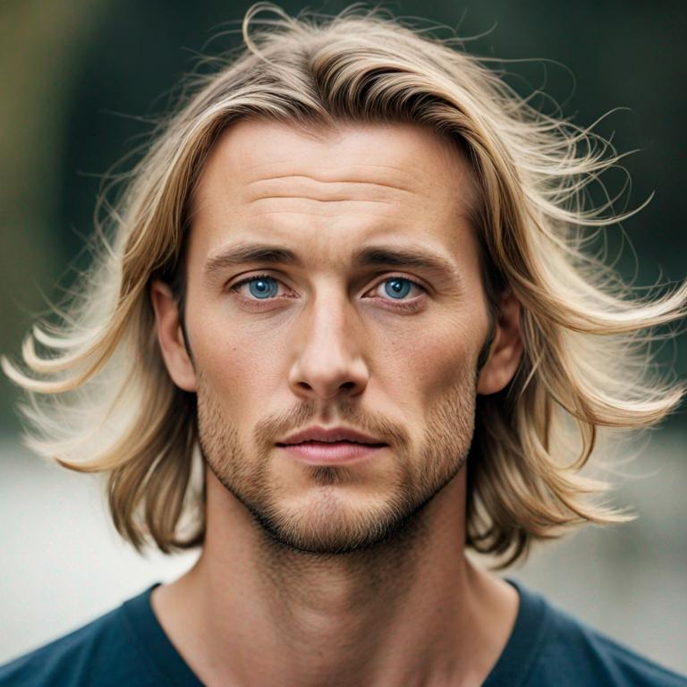 Prompt: 30 year old, rugged, caucasian. shoulder length blonde hair, blue eyes. facial closeup