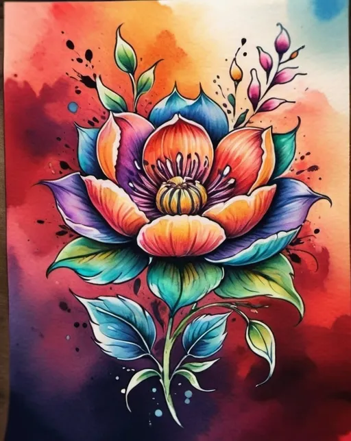 Prompt: Colorful flower tattoo, watercolor style, vibrant petals, intricate details, high quality, vibrant colors, floral design, professional tattoo art, artistic, beautiful, realistic, watercolor, detailed, highres, vibrant, intricate details, floral, professional, colorful, vibrant colors, watercolor style, artistic