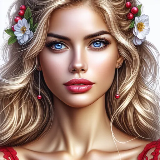 Prompt: a  blonde woman with flowers in her hair and striking and beautiful blue eyes, wearing a red dress and earrings, Edwin Georgi, photorealism, highly detailed digital painting, a photorealistic painting