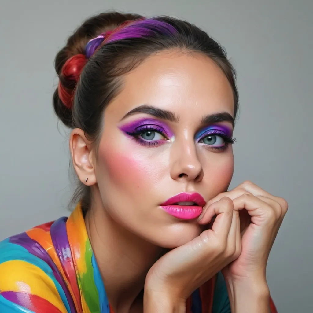 Prompt: a woman with bright makeup and colorful makeup looks at the camera with her hand on her chin and her hand on her chin, artist, visual art, highly detailed digital painting, a photorealistic painting