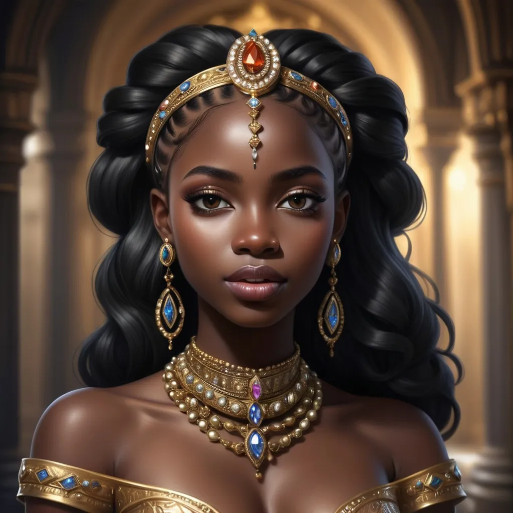 Prompt: A beautiful ebony skinned princess, Adorned with jewls