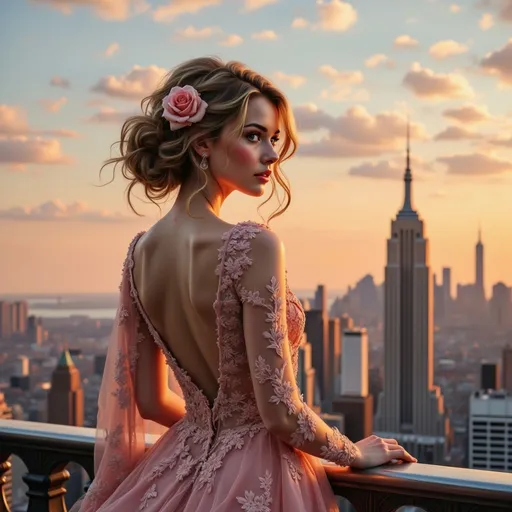 Prompt: Bathed in the warm glow of a stunning sunset, a young woman in an elegant pink gown with intricate floral embroidery stands gracefully at the edge of an observation deck, overlooking the magnificent New York City skyline. Her back is exposed, accentuating the delicate design of her dress, while a soft pink rose adorns her styled hair, adding a romantic touch. The iconic Empire State Building looms prominently in the backdrop, framed by a palette of soft oranges and purples in the sky, which contrast beautifully with the deepening twilight. The scene conveys a sense of serene beauty and elegance, as the city below begins to twinkle with lights, encapsulating a moment of poised contemplation against a breathtaking urban landscape.