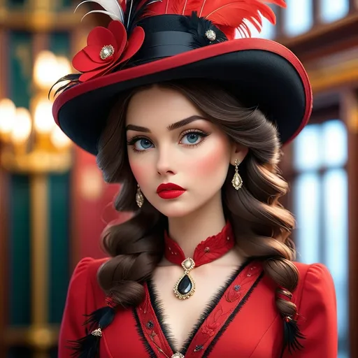 Prompt: <mymodel>fashionable 1st class  female passenger on the Titanic, pale skin, dark styled hair, large lips,  looking sad, facial closeup, vibrant colors, red dress and elaborate hat with feathers