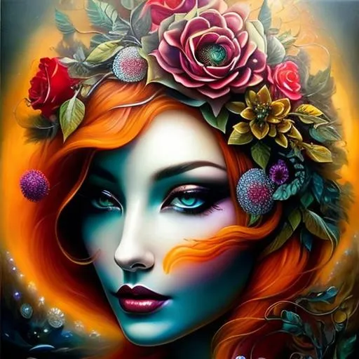 Prompt: Beautiful  hybrid woman with flowers sprouting from her, oil painting, detailed fiery eyes, ethereal glow, dark and mysterious, high quality, vibrant colors, surreal, haunting, intricate floral details, intense gaze, mystical atmosphere, oil painting, demon, hybrid, fiery eyes, ethereal, vibrant colors, surreal, haunting, floral details, intense gaze, mystical atmosphere