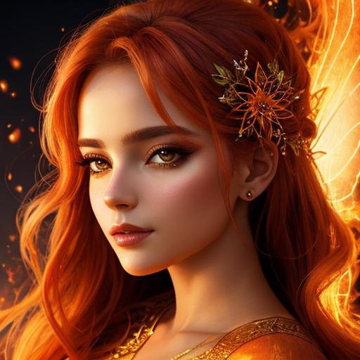 Prompt: fairy goddess, warm colors, fiery background, closeup