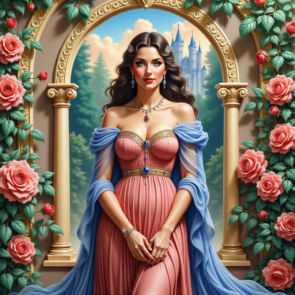 Prompt: a painting of a woman in a blue dress standing in front of a window with roses in it and a castle in the background, Anne Stokes, fantasy art, detailed painting, a detailed painting