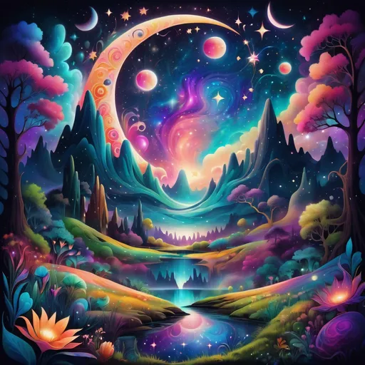 Prompt: psychedelic artwork, (vibrant colors), beautiful nature-inspired design, celestial elements, intricate patterns of stars and moons, dreamlike atmosphere, (cool tones), captivating visuals, harmonious blend of flora and cosmic themes, surrealistic elements, enchanting background, (high quality), visually mesmerizing, appealing to users, reminiscent of enchanting landscapes and ethereal night skies.