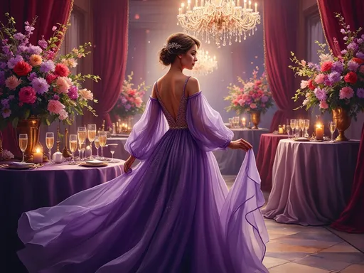 Prompt: Visualize an elegant woman poised gracefully against a stunning backdrop of a lavish gala, illuminated by the soft glow of crystal chandeliers. She wears a flowing purple evening gown that cascades beautifully to the floor, the rich fabric shimmering with hints of gold under the twinkling lights. Her hair is styled in an intricate updo, adorned with delicate jewels that catch the light, enhancing her aura of sophistication. Surrounding her are hints of opulence: glistening champagne flutes, plush velvet drapes in deep burgundy, and exquisite floral arrangements bursting with vibrant colors. The atmosphere exudes luxury and celebration, perfectly captured in a photorealistic style that accentuates the depth of color and intricate details of the setting.