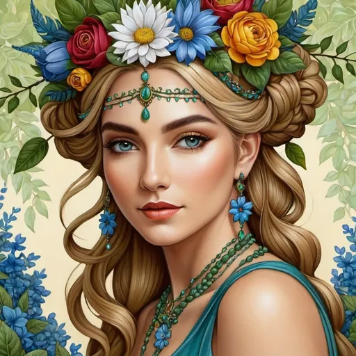 Prompt: a painting of a woman with flowers in her hair and a necklace on her head, with leaves and flowers around her neck, Amanda Sage, fantasy art, highly detailed digital painting, a detailed painting