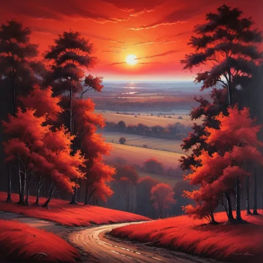 Prompt: Red sunset landscape, oil painting, vibrant colors, fine details, high-quality, realistic, warm tones, dramatic lighting, expansive horizon, silhouettes of trees, serene atmosphere