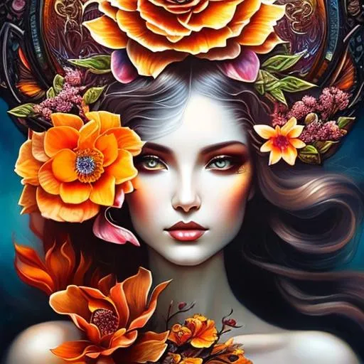 Prompt: Beautiful  hybrid woman with orange flowers sprouting from her, oil painting, detailed fiery eyes, ethereal glow, dark and mysterious, high quality, vibrant colors, surreal, haunting, intricate floral details, intense gaze, mystical atmosphere, oil painting, demon, hybrid, fiery eyes, ethereal, vibrant colors, surreal, haunting, floral details, intense gaze, mystical atmosphere